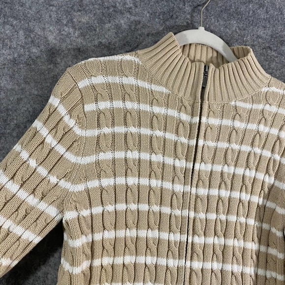 LL Bean Womens Jacket Medium Petite Beige Stripe Cable Knit Full Zip Long Sleeve - Picture 3 of 8